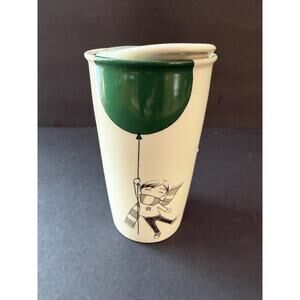 Starbucks Mug Boy Balloon Ceramic Cup W/Lid White Green 12 Oz Logo